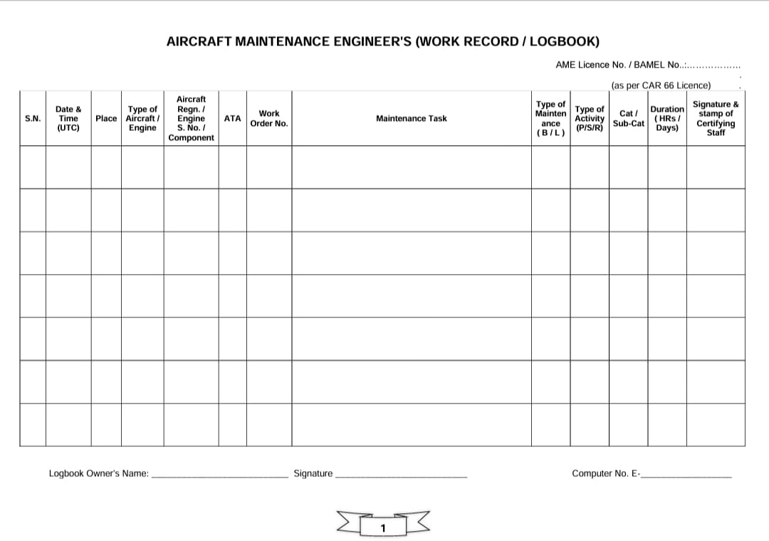 Aircraft maintenance Engineer's work/ record logbook