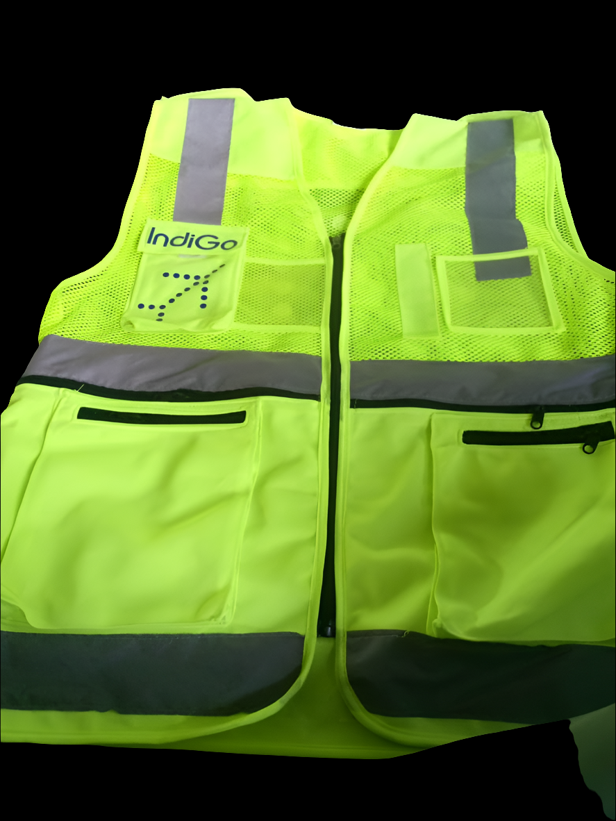 Front view of IndiGo Engineering reflective safety jacket with multiple zipper pockets
