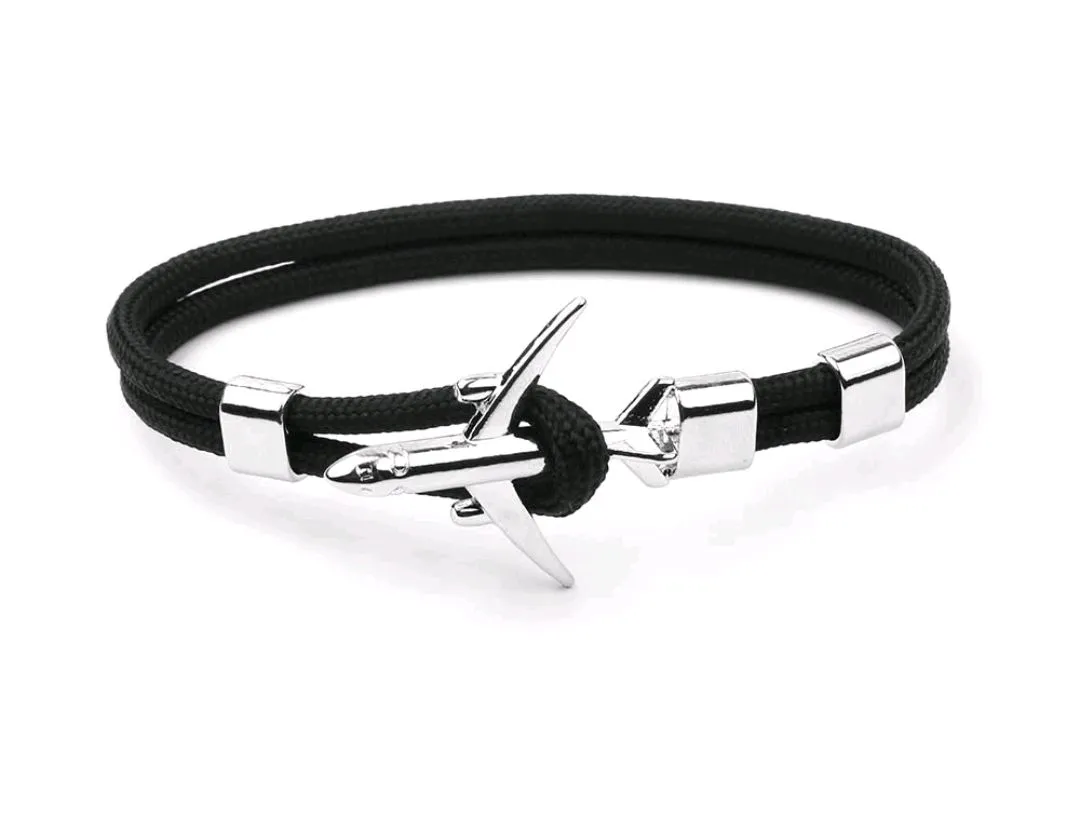 Black Rope Airplane Bracelet for Men – Stainless Steel Aircraft Charm