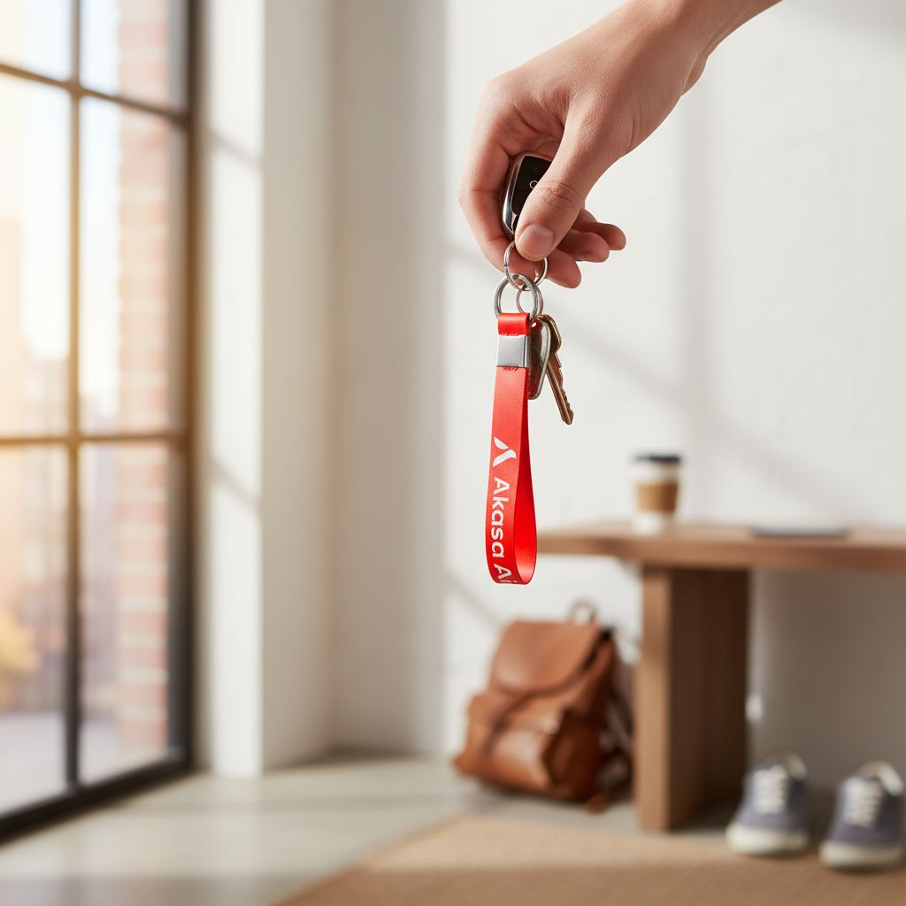 Red Akasa Air satin keychain with metal ring on white background