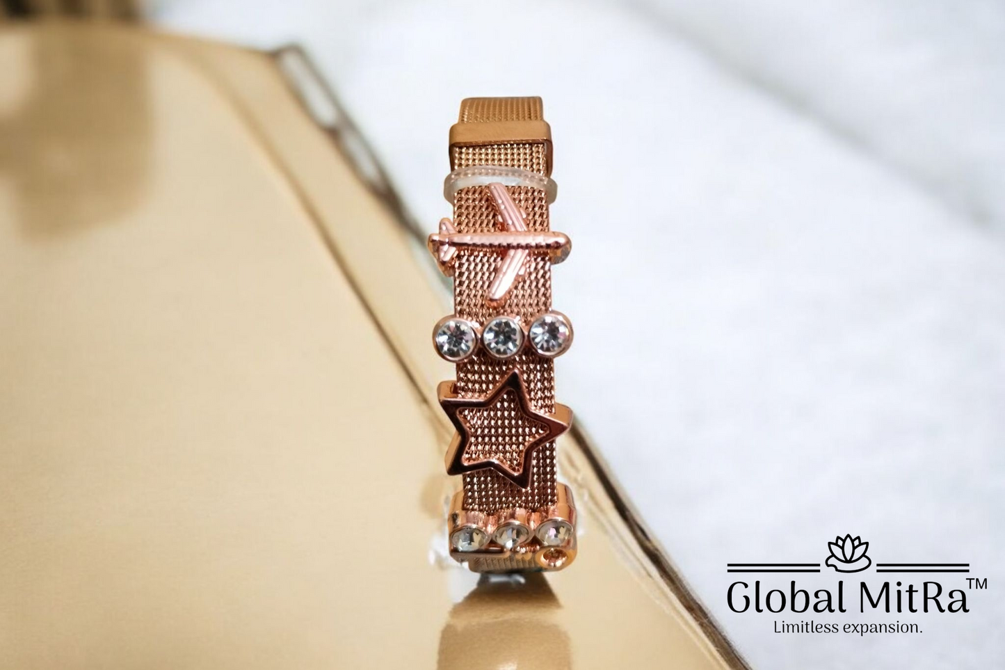 Rose Gold Aviation Charm Bracelet – Airplane, Star & Key Design with Crystals