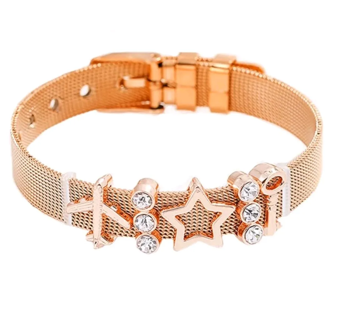 Rose Gold Aviation Charm Bracelet – Airplane, Star & Key Design with Crystals