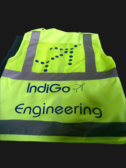Back view of IndiGo Engineering safety vest with premium reflective strips and IndiGo branding