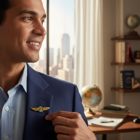 Gold Boeing 737 wing pin on a dark fabric background, representing aviation and pilot recognition