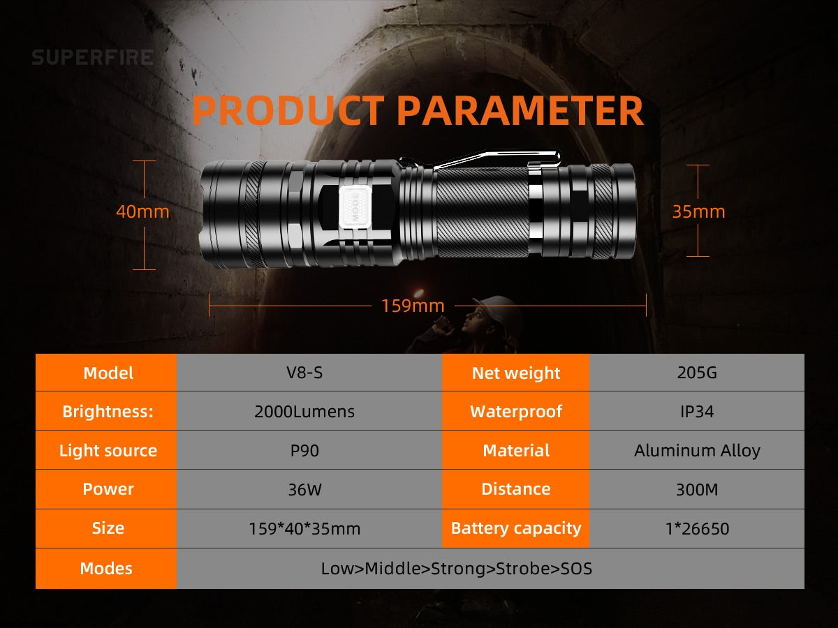 SUPERFIRE V8-S Rechargeable Tactical Flashlight