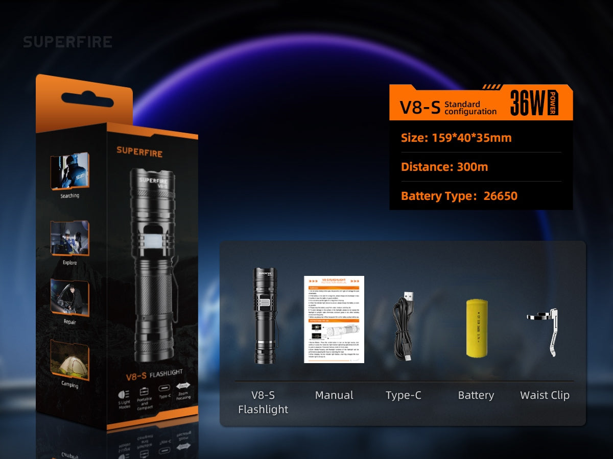 SUPERFIRE V8-S Rechargeable Tactical Flashlight