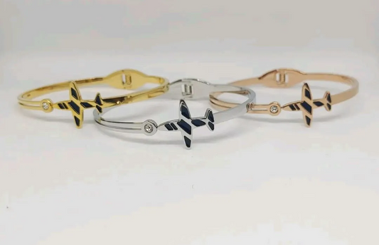 Premium Metal Airplane Bangles – Gold, Silver & Rose Gold Aviation Bracelets for Women