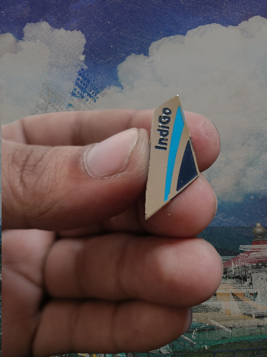 Close-up of hand holding the Indigo tail fin lapel pin with a sky background.