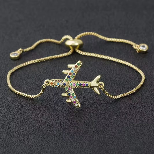 Gold Adjustable Airplane Bracelet – Colorful Crystal Aircraft Charm for Women