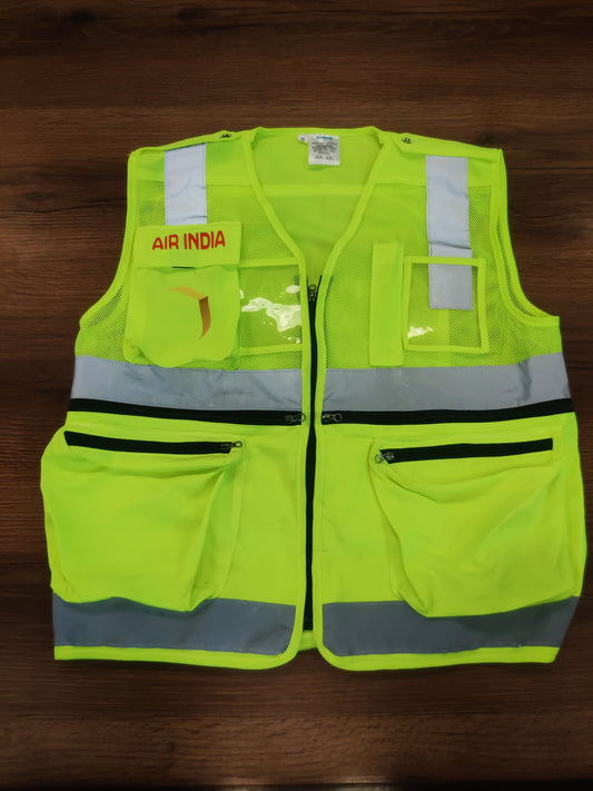 Front view of Air India Engineering reflective safety jacket with multiple pockets