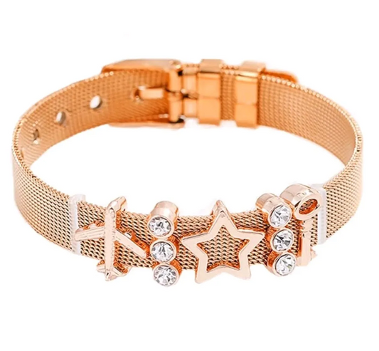 Rose Gold Aviation Charm Bracelet – Airplane, Star & Key Design with Crystals